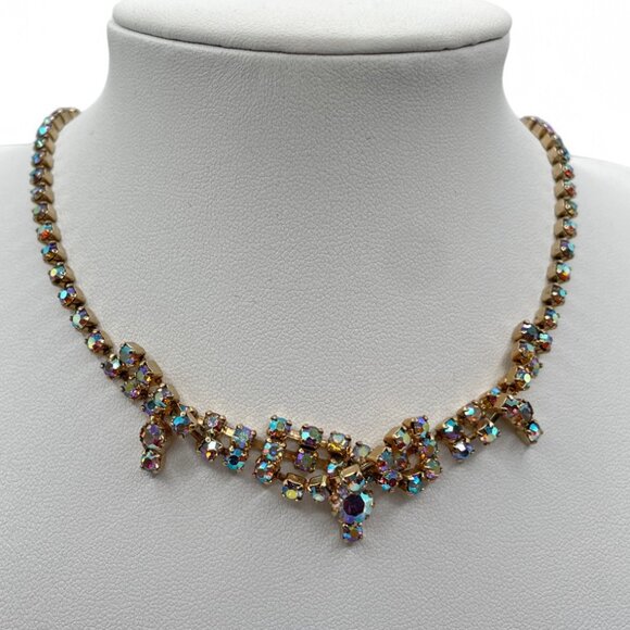 Vintage AB Aurora Borealis Rhinestone Gold-Tone Prong-Set Choker Necklace - Picture 1 of 10